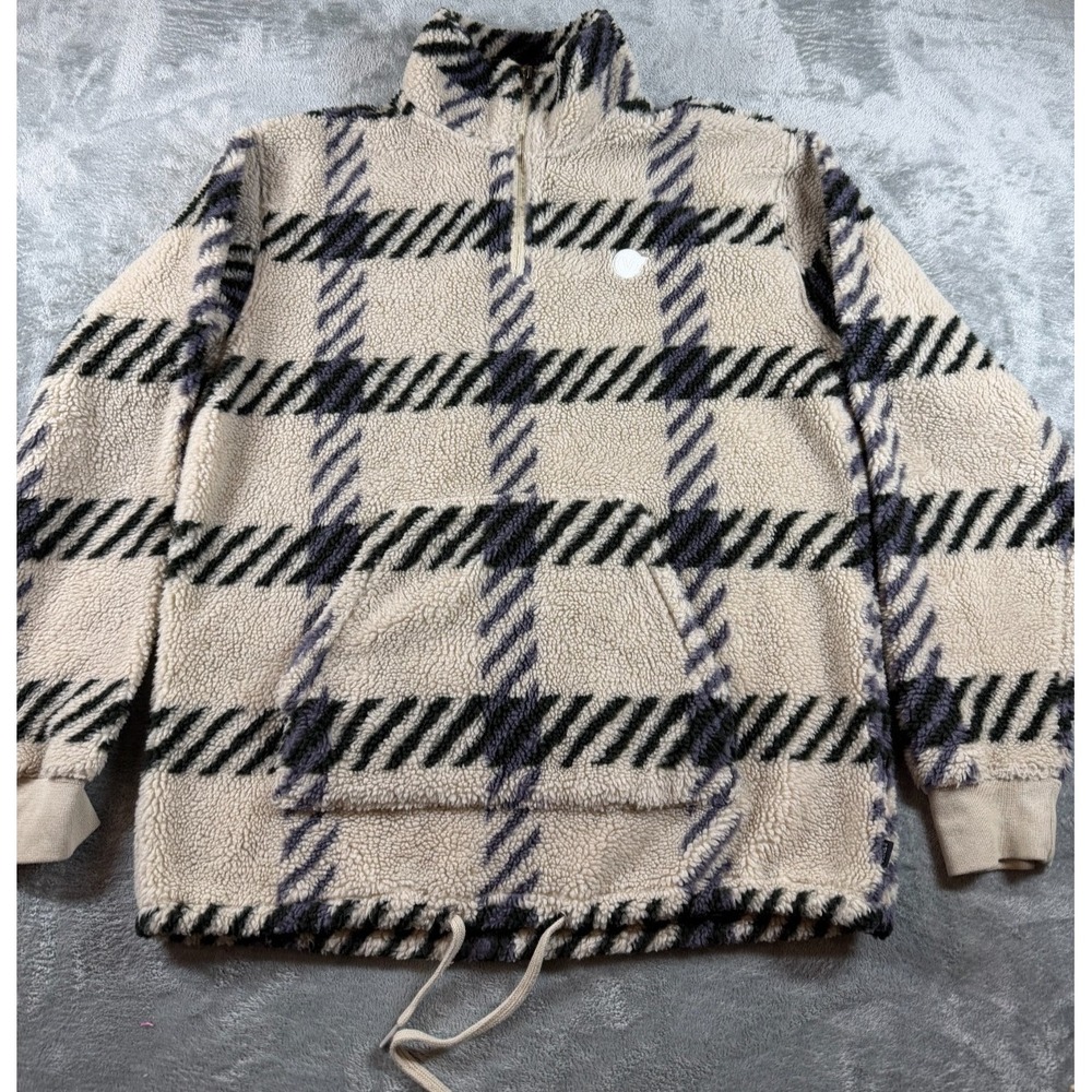 Vans Sherpa Fleece Pullover Plaid Beige Black Cream 1/4 Zip Small Cozy Warm